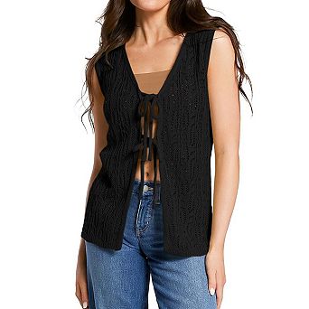KOJOOIN V Neck Tie Front Crocheted Knit Vest Casual Sleeveless Top