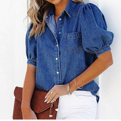 Women's Puff Short Sleeve Denim Shirt Button Down Casual Blouses