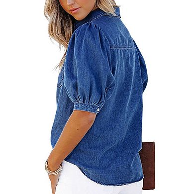 Women's Puff Short Sleeve Denim Shirt Button Down Casual Blouses