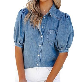 Women's Puff Short Sleeve Denim Shirt Button Down Casual Blouses