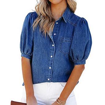 Women's Puff Short Sleeve Denim Shirt Button Down Casual Blouses