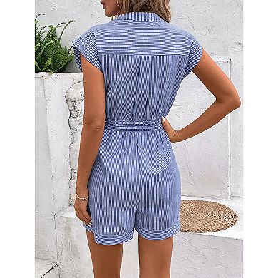 Women's Striped Cap Short Sleeve Button Down Belted Romper Summer Casual Short Jumpsuit With Pockets