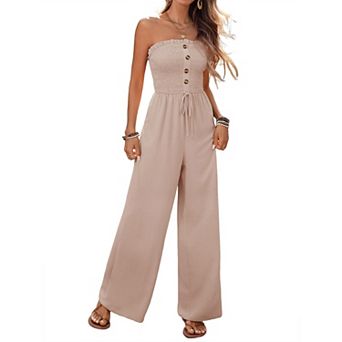 Women's Strapless Smocked Straight Wide Leg Jumpsuit Summer Casual Button Daily Wear Long Romper