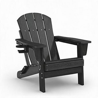Folding Adirondack Chair,All-Weather HDPE Patio Chair w/Wood Grain Texture&Cup Holder,Collapsible