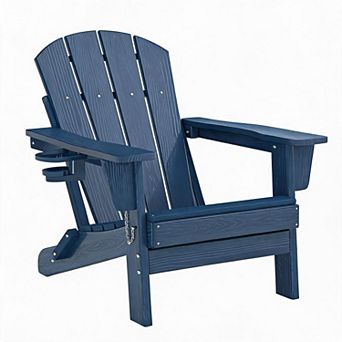Folding Adirondack Chair,All-Weather HDPE Patio Chair w/Wood Grain Texture&Cup Holder,Collapsible