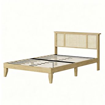 Bed Frame w/Natural Rattan Headboard, 4 Storage Drawers, Wooden Slats, Bohemian Cane Style