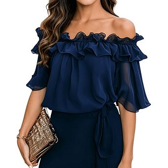 Women's Off Shoulder Ruffle Elegant Trim Flared Short Sleeve Chiffon Blouse