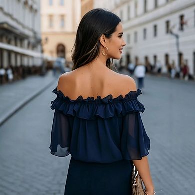 Women's Off Shoulder Ruffle Elegant Trim Flared Short Sleeve Chiffon Blouse