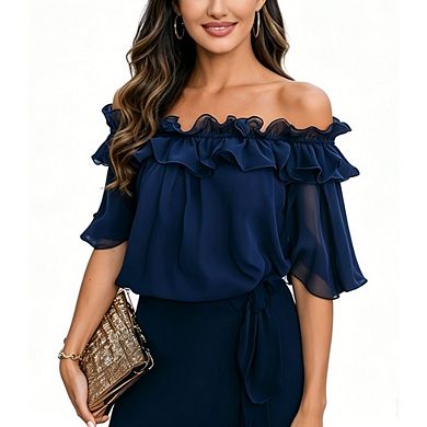 Women's Off Shoulder Ruffle Elegant Trim Flared Short Sleeve Chiffon Blouse