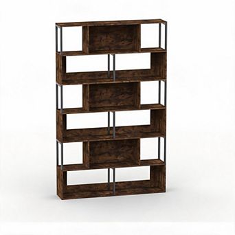 74"Tall 6 tier Geometric Bookshelf, Industrial Metal Frame Bookcase with 15 Open Storage Shelves