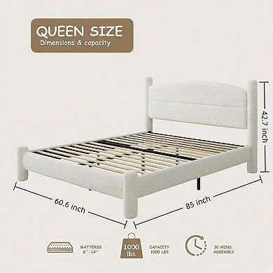 Boucle Noise-Free Platform Bed with Round Headboard & Cylindrical Legs