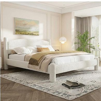 Boucle Noise-Free Platform Bed with Round Headboard & Cylindrical Legs