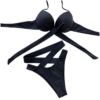 Women's Solid Color 2 pc Swimsuit, Cross Strap High Waist Slimming Swimwear for Beach & Resort