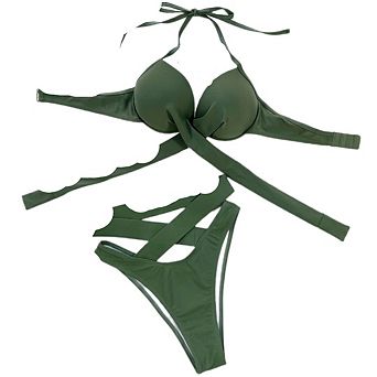 Women's Solid Color 2 pc Swimsuit, Cross Strap High Waist Slimming Swimwear for Beach & Resort