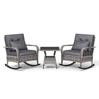 3 pc Outdoor Wicker Rocking Chair Set, Rattan Rocking Chair with Coffee Table, Cushions＆High Back