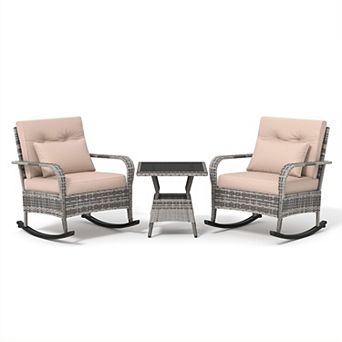 3 pc Outdoor Wicker Rocking Chair Set, Rattan Rocking Chair with Coffee Table, Cushions＆High Back