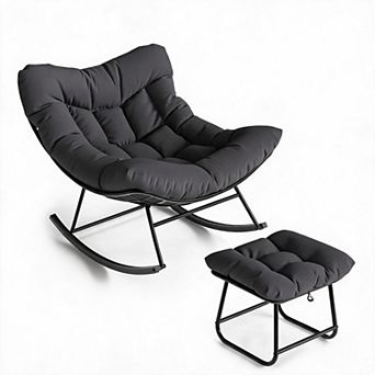 Outdoor Oversized Papasan Rocking Chair w/Footrest, Patio Lounge Chair w/Ottoman, Patio Egg Rocker