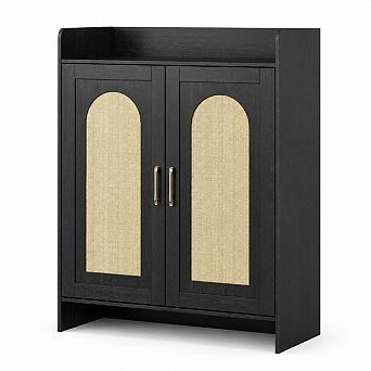 Shoe Cabinet Storage for Entryway, Rattan Storage Cabinet, Wooden Shoe Rack w/2 Doors