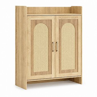 Shoe Cabinet Storage for Entryway, Rattan Storage Cabinet, Wooden Shoe Rack w/2 Doors
