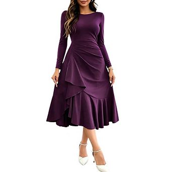 Women's Ruched Waist Cocktail Dress Long Sleeve Round Neck Layer Ruffle Flared Midi Formal Gown
