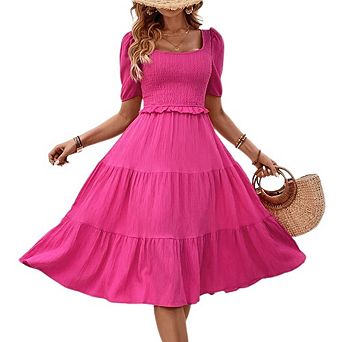 Women's Square Neck Smocked Tiered Midi Dress Back Cutout Tie Back Short Sleeve Dress