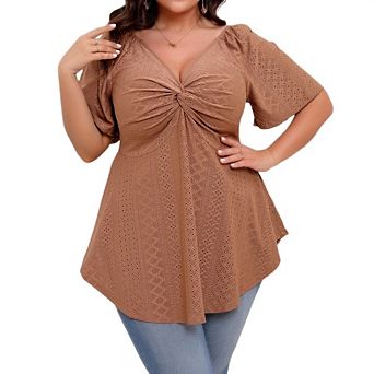 Women's Plus Size Twist Front Eyelet V Neck Short Sleeve Flared A Line Tunic Top