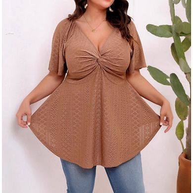 Women's Plus Size Twist Front Eyelet V Neck Short Sleeve Flared A Line Tunic Top