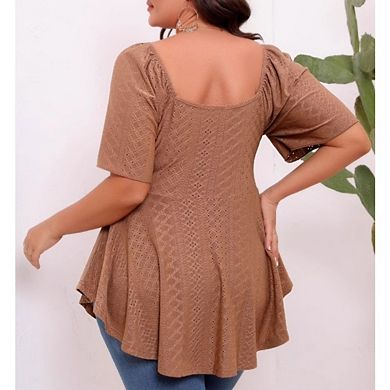 Women's Plus Size Twist Front Eyelet V Neck Short Sleeve Flared A Line Tunic Top