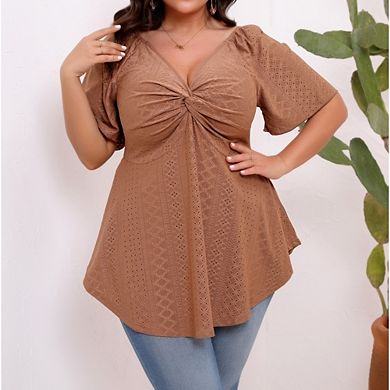Women's Plus Size Twist Front Eyelet V Neck Short Sleeve Flared A Line Tunic Top