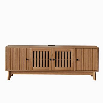 Mid Century Modern TV Stand, TV Stands for Living Room with 4 Grille Doors and Adjustable Shelves
