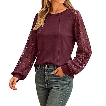 Womens Long Sleeve Shirts Pleated Lace Tops Fall Fashion Outfits Business Casual Blouses
