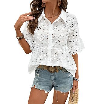 Womens Short Sleeve Button Down Collar Cutout Jacquard Babydoll Shirt