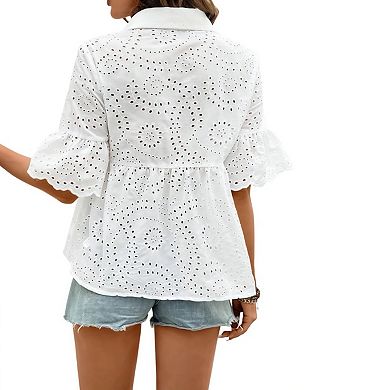 Womens Short Sleeve Button Down Collar Cutout Jacquard Babydoll Shirt
