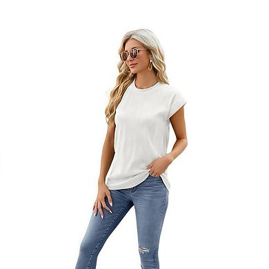 Womens Short Sleeve Textured Tops Crewneck Knit Solid Loose Casual Basic T Shirts Tee Blouses