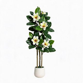 4/5/6FT Artificial Magnolia Tree with Pot, Faux Flower Tree with White Magnolia Blooms