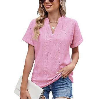 Womens Summer Business Casual Blouses V Neck Short Sleeve Shirts Eyelet Cute Lace Tops
