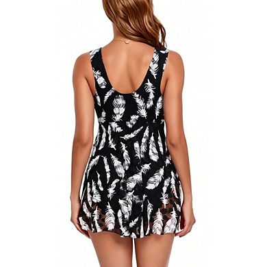 Women's Plume Mesh Sleeveless V Neck Tankini Two Piece Swimsuit