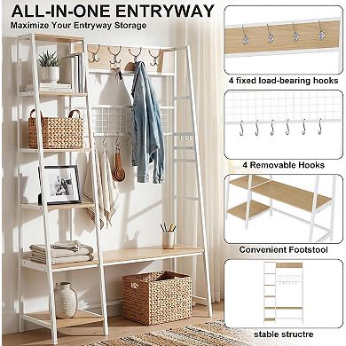 Coat & Shoe Rack Hall Tree Entryway Bench with 8 Removable Hooks, 5-Tier Shelves