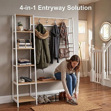 Coat & Shoe Rack Hall Tree Entryway Bench with 8 Removable Hooks, 5-Tier Shelves