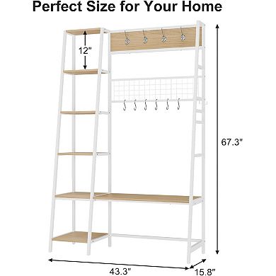 Coat & Shoe Rack Hall Tree Entryway Bench with 8 Removable Hooks, 5-Tier Shelves