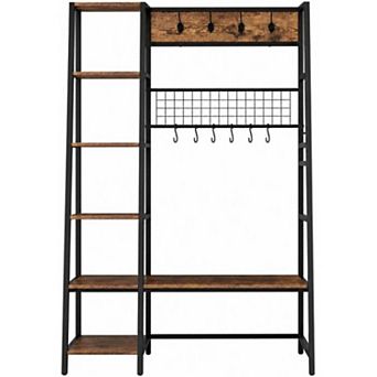 Coat & Shoe Rack Hall Tree Entryway Bench with 8 Removable Hooks, 5 tier Shelves