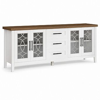 Farmhouse TV Stand w/ Glass Door, Mid Century Modern Entertainment Center,2 Storage Door & 3 Drawer