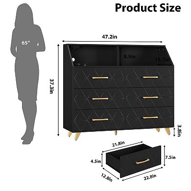 6-Drawer Dresser for Bedroom, Modern Chests of Drawers with Triangle Pattern Top Shelf