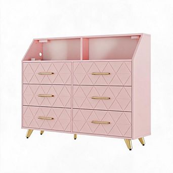6-Drawer Dresser for Bedroom, Modern Chests of Drawers with Triangle Pattern Top Shelf