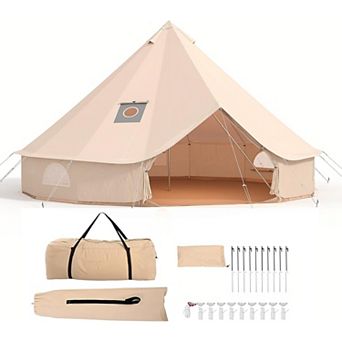 Cotton Canvas Bell Tent 4 Season Tent with Stove Jack, Mesh Windows & Removable Floor Outdoor
