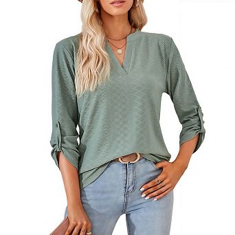 Womens Summer Hollow Out Blouses 3/4 Sleeve Business Tops Dressy Casual V Neck T-Shirts