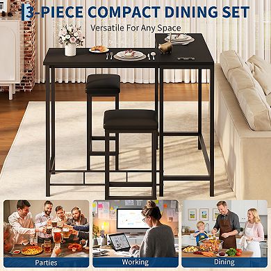 Bar Table and Chairs Set, L Shaped Bar Table w/2 Padded Stools, Convertible Bar Dining Table Set