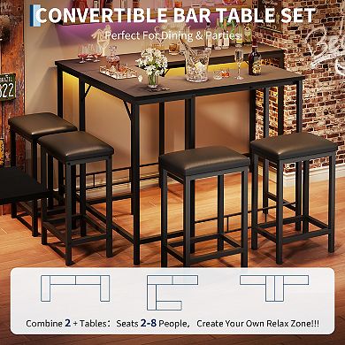 Bar Table and Chairs Set, L Shaped Bar Table w/2 Padded Stools, Convertible Bar Dining Table Set