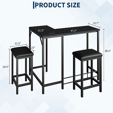 Bar Table and Chairs Set, L Shaped Bar Table w/2 Padded Stools, Convertible Bar Dining Table Set