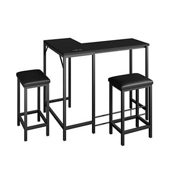 Bar Table and Chairs Set, L Shaped Bar Table w/2 Padded Stools, Convertible Bar Dining Table Set